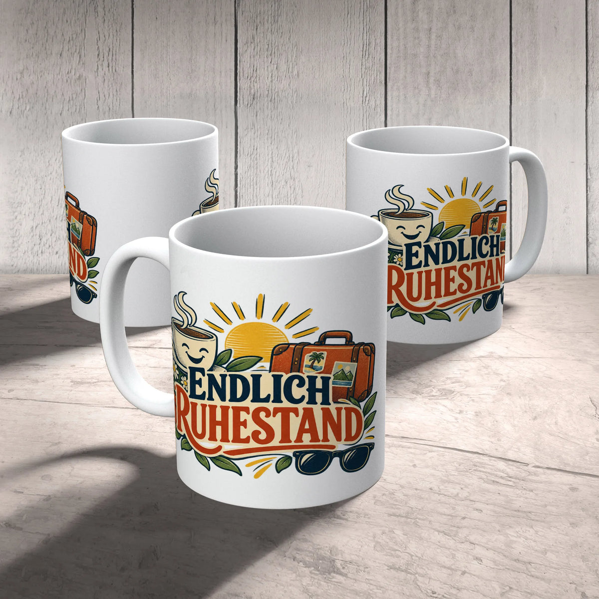 Fröhliche Tasse zum Ruhestand mit Reisekoffer und Sonne|p:2014614|h:b61500db09992d10cfa5e31e93244c2e