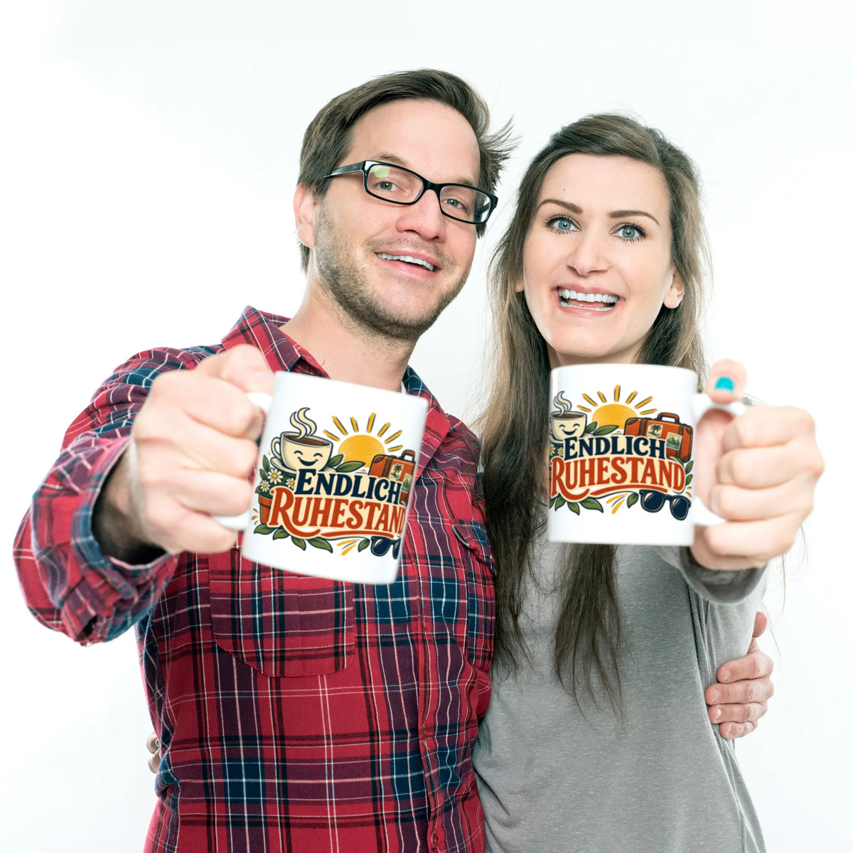 Fröhliche Tasse zum Ruhestand mit Reisekoffer und Sonne|p:2014614|h:e30688539b33041d3e2de625afecdae9