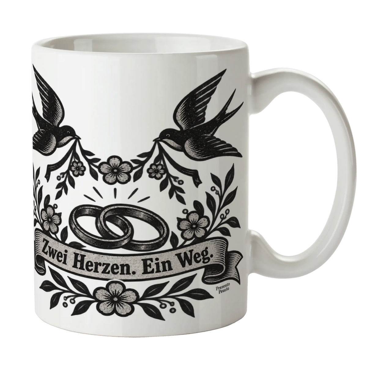 Romantische Tasse zur Hochzeit mit Schwalben und Ringen|p:2014727|h:e60dcf86a34db65b1c5a1e7cb5109791