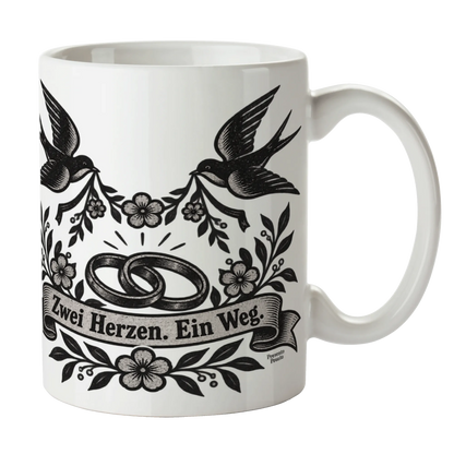 Romantische Tasse zur Hochzeit mit Schwalben und Ringen|p:2014727|h:e60dcf86a34db65b1c5a1e7cb5109791