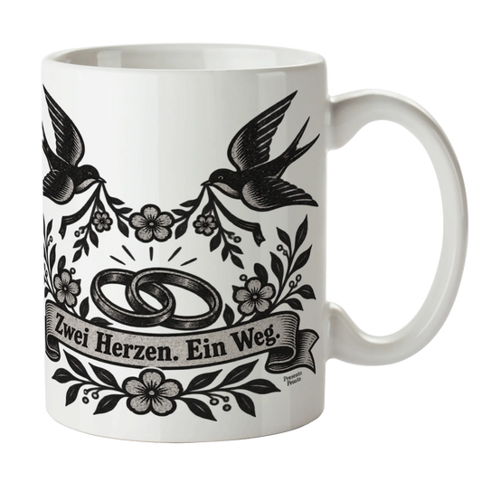 Romantische Tasse zur Hochzeit mit Schwalben und Ringen|p:2014727|h:e60dcf86a34db65b1c5a1e7cb5109791