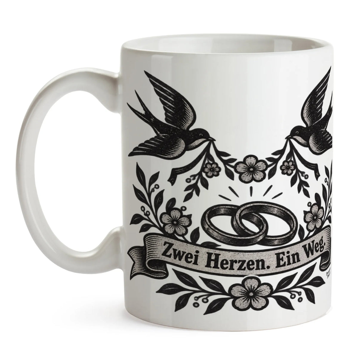 Romantische Tasse zur Hochzeit mit Schwalben und Ringen|p:2014727|h:5efbdc4951ac2e5fbd166f7a9ffa26fe