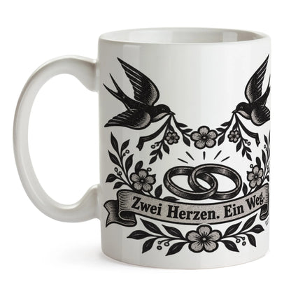 Romantische Tasse zur Hochzeit mit Schwalben und Ringen|p:2014727|h:5efbdc4951ac2e5fbd166f7a9ffa26fe