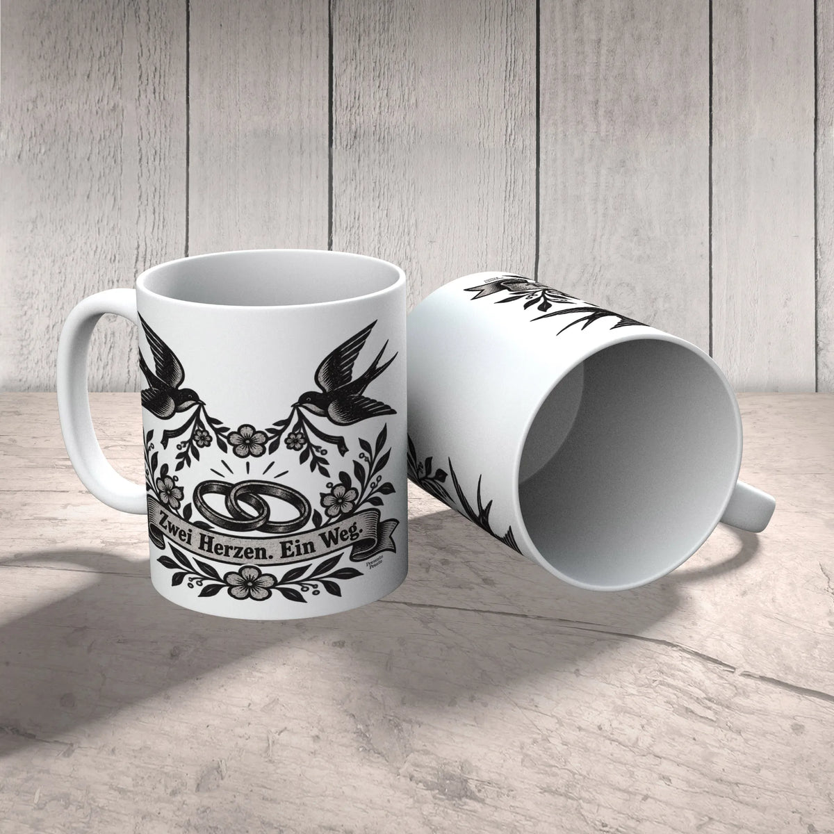 Romantische Tasse zur Hochzeit mit Schwalben und Ringen|p:2014727|h:604a6ea68ce10874c4b238a2e9f915dd