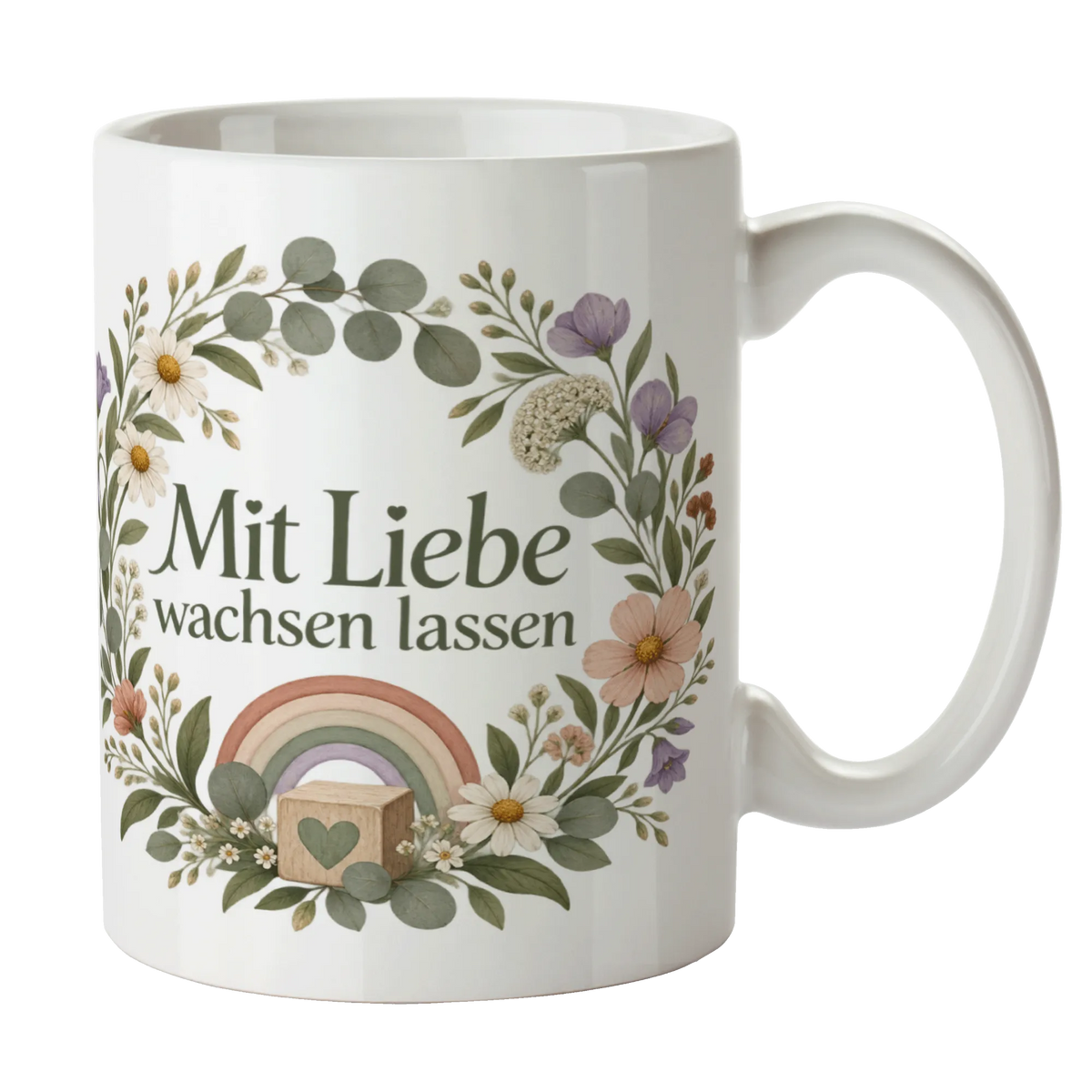 Liebevolle Tasse für Erzieherin mit Blumenkranz und Regenbogen|p:2014753|h:8e01f750481a88dffe10f983f1b70324