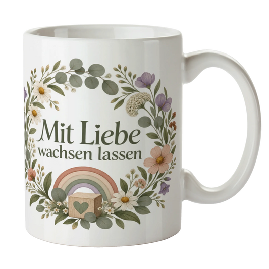 Liebevolle Tasse für Erzieherin mit Blumenkranz und Regenbogen|p:2014753|h:8e01f750481a88dffe10f983f1b70324