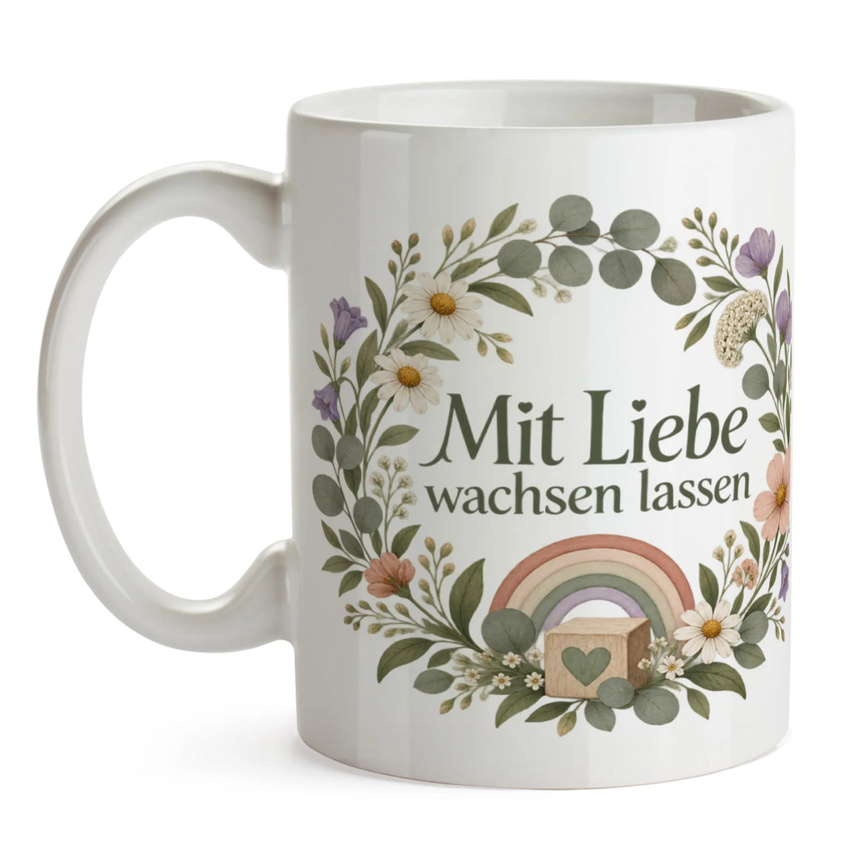 Liebevolle Tasse für Erzieherin mit Blumenkranz und Regenbogen|p:2014753|h:98bd52129ac46d40a34ef99365ab6852