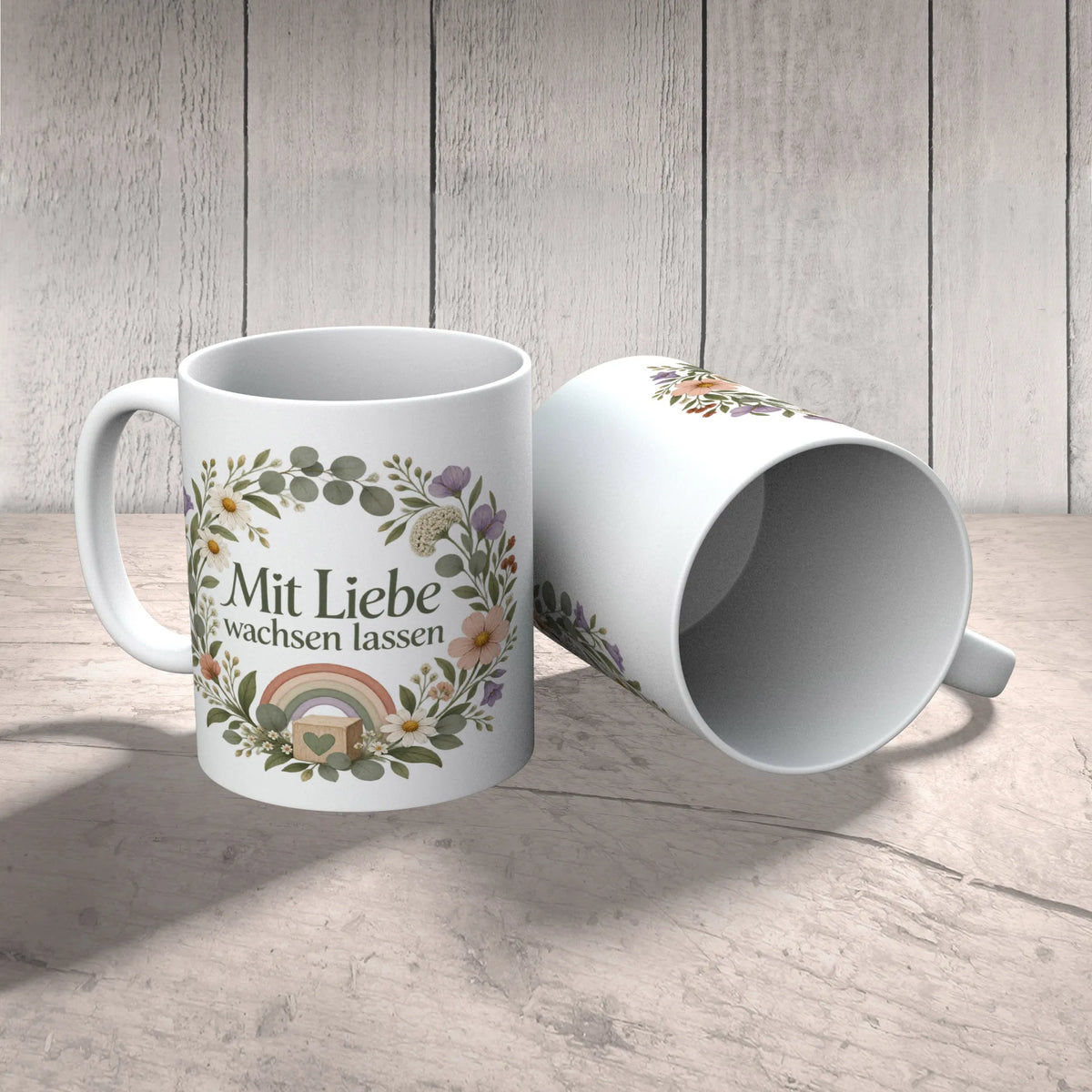 Liebevolle Tasse für Erzieherin mit Blumenkranz und Regenbogen|p:2014753|h:f82390e158bdae04b4180d54cbcb11d0