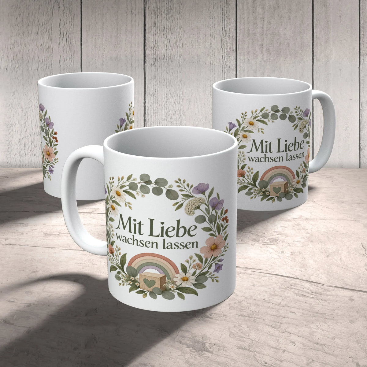 Liebevolle Tasse für Erzieherin mit Blumenkranz und Regenbogen|p:2014753|h:440e7e1e79cebd62e1b5001c3fa1f10f