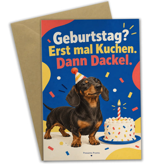 Lustige Geburtstagskarte mit Dackel in Partyhut und Kuchen|p:2014760|h:01172bbc48cd469761c96263ab71efea
