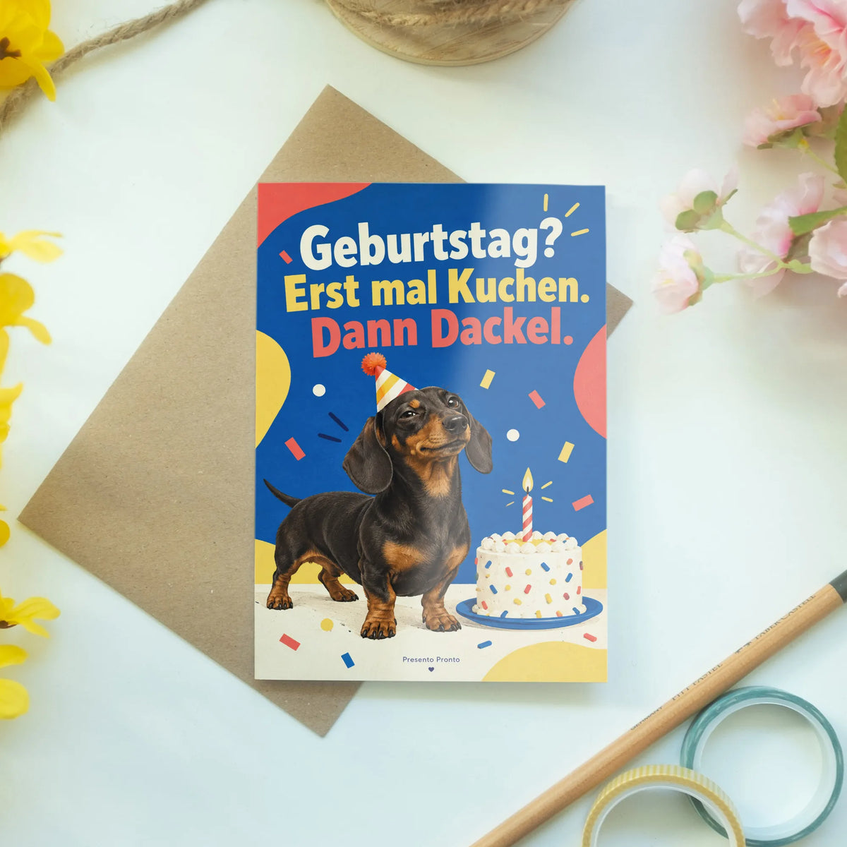 Lustige Geburtstagskarte mit Dackel in Partyhut und Kuchen|p:2014760|h:c6120a97ac9907c7e372c778a756ff4c