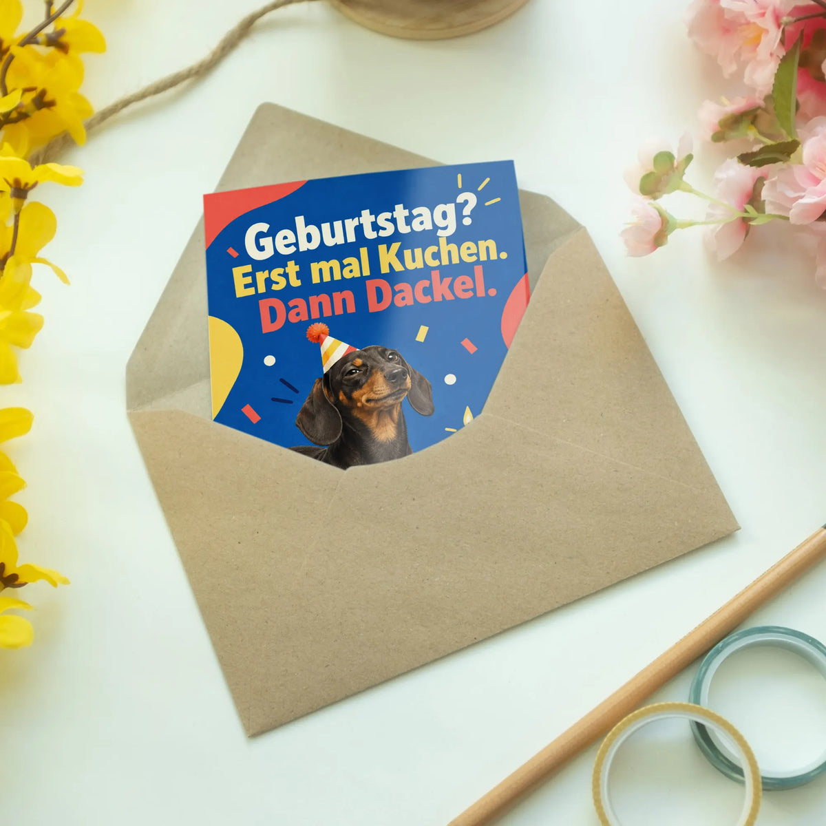 Lustige Geburtstagskarte mit Dackel in Partyhut und Kuchen|p:2014760|h:1109b7883e8ee34f90f65bf5c59d3dad