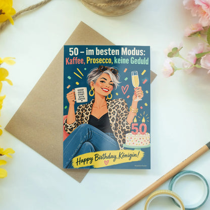 Lustige Geburtstagskarte für Frau zum 50. mit Kaffee und Prosecco|p:2014782|h:a39100909ccc47c2fe6ad33d84720034