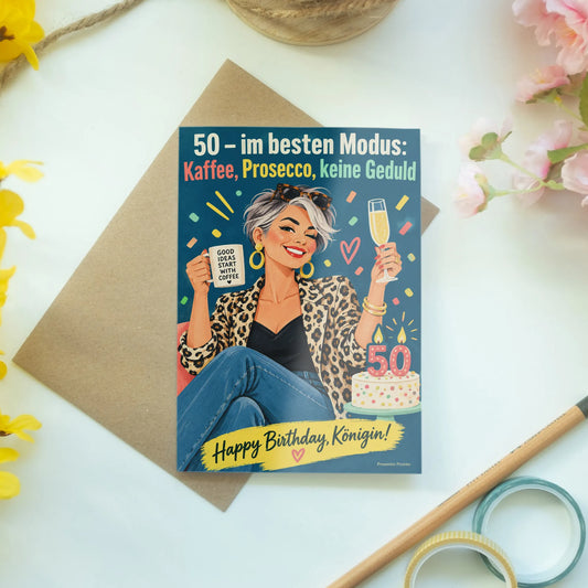 Lustige Geburtstagskarte für Frau zum 50. mit Kaffee und Prosecco|p:2014782|h:a39100909ccc47c2fe6ad33d84720034