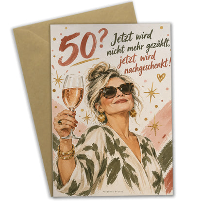 Lustige Geburtstagskarte für Frauen zum 50. mit Roséglas|p:2014783|h:70a6899b61add6e7a01742ac279600a1