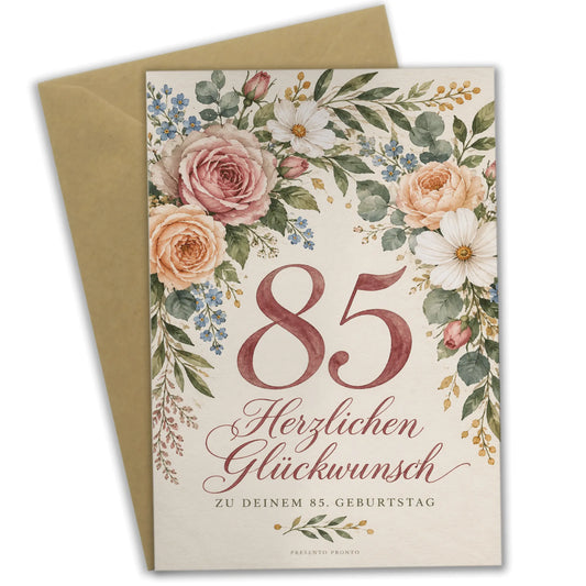 Elegante Geburtstagskarte zum 85. Geburtstag mit Blumenrahmen|p:2014788|h:b48213b423aa595c17840cc4ed9bb4a7