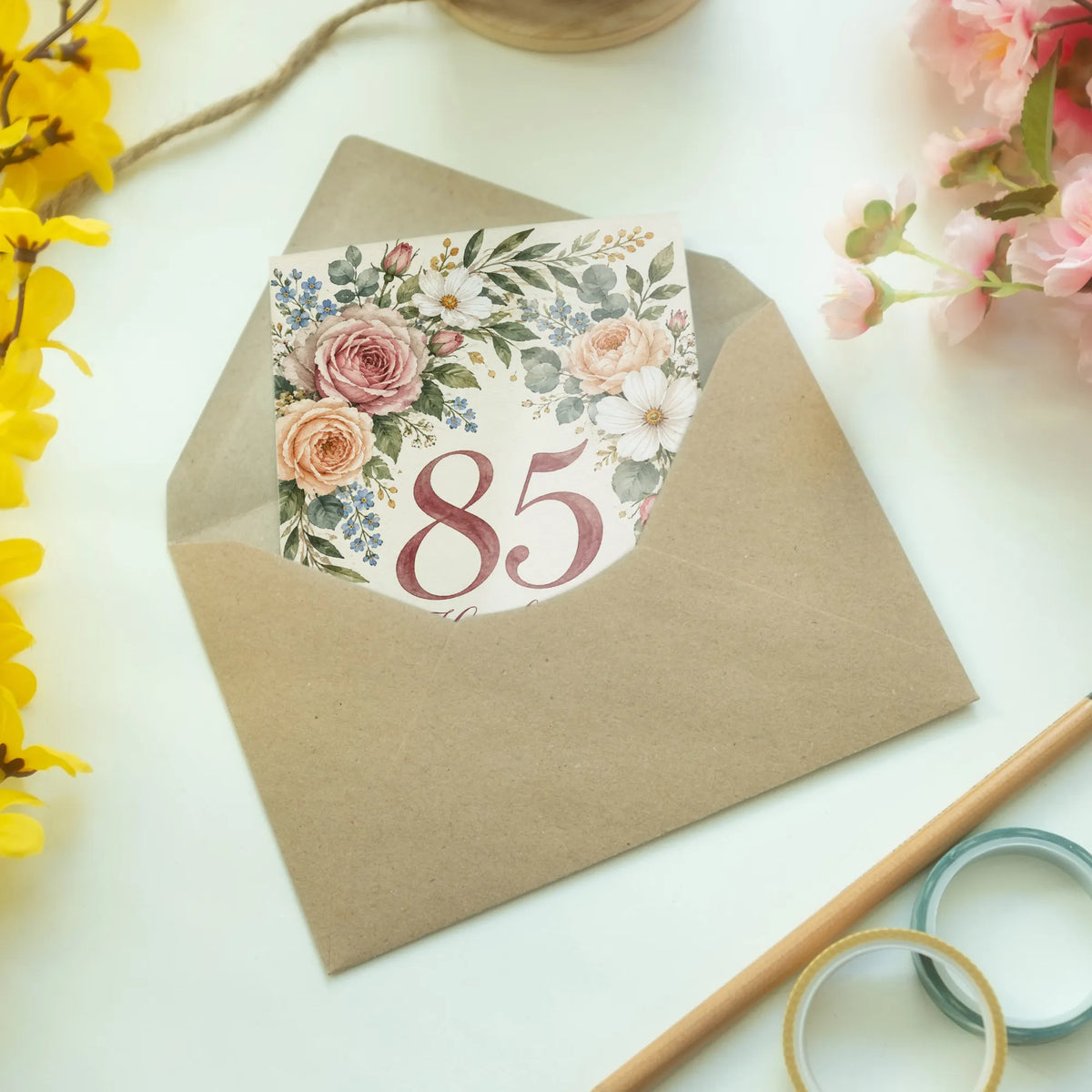 Elegante Geburtstagskarte zum 85. Geburtstag mit Blumenrahmen|p:2014788|h:338d53b32e0120e49df98911374270ff