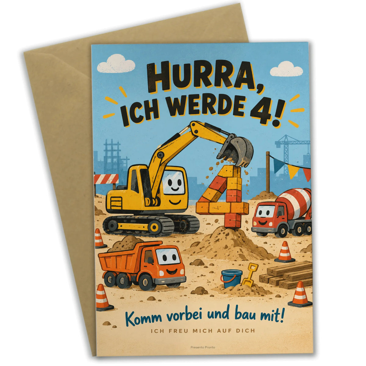 Lustige Einladungskarten zum 4. Geburtstag mit gelbem Bagger|p:2014881|h:682bf7741f73e403e2e8bf941471de49