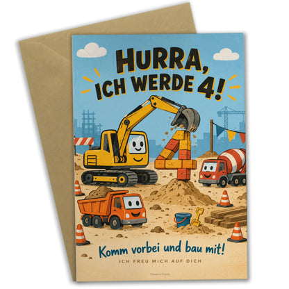 Lustige Einladungskarten zum 4. Geburtstag mit gelbem Bagger|p:2014881|h:682bf7741f73e403e2e8bf941471de49