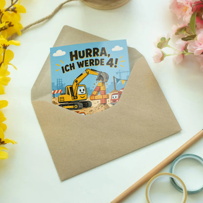Lustige Einladungskarten zum 4. Geburtstag mit gelbem Bagger|p:2014881|h:d0ec1ec38e68f96de2f1f971388a7888