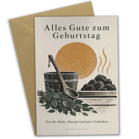 Entspannende Geburtstagskarte für Wellnessfans mit Sauna|p:2014895|h:b805c2370387d326e8aca660bf910403