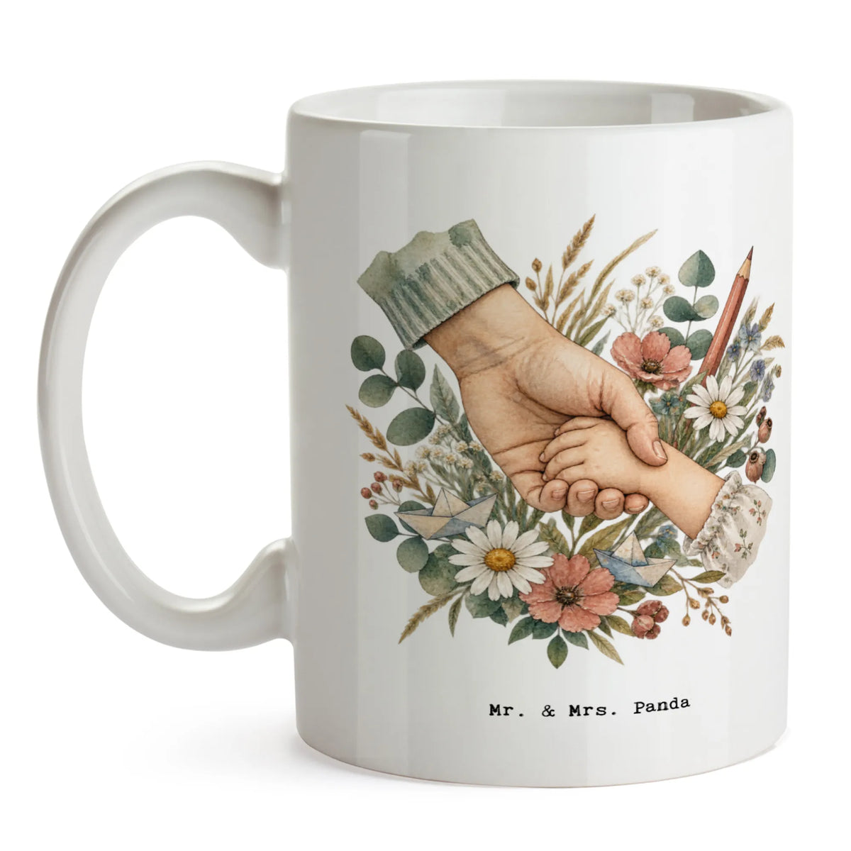 Herzliche Tasse für Erzieher mit Händen und Wildblumen|p:2014908|h:0f4c9d4925aaff4fb330bbf55e4d91dc