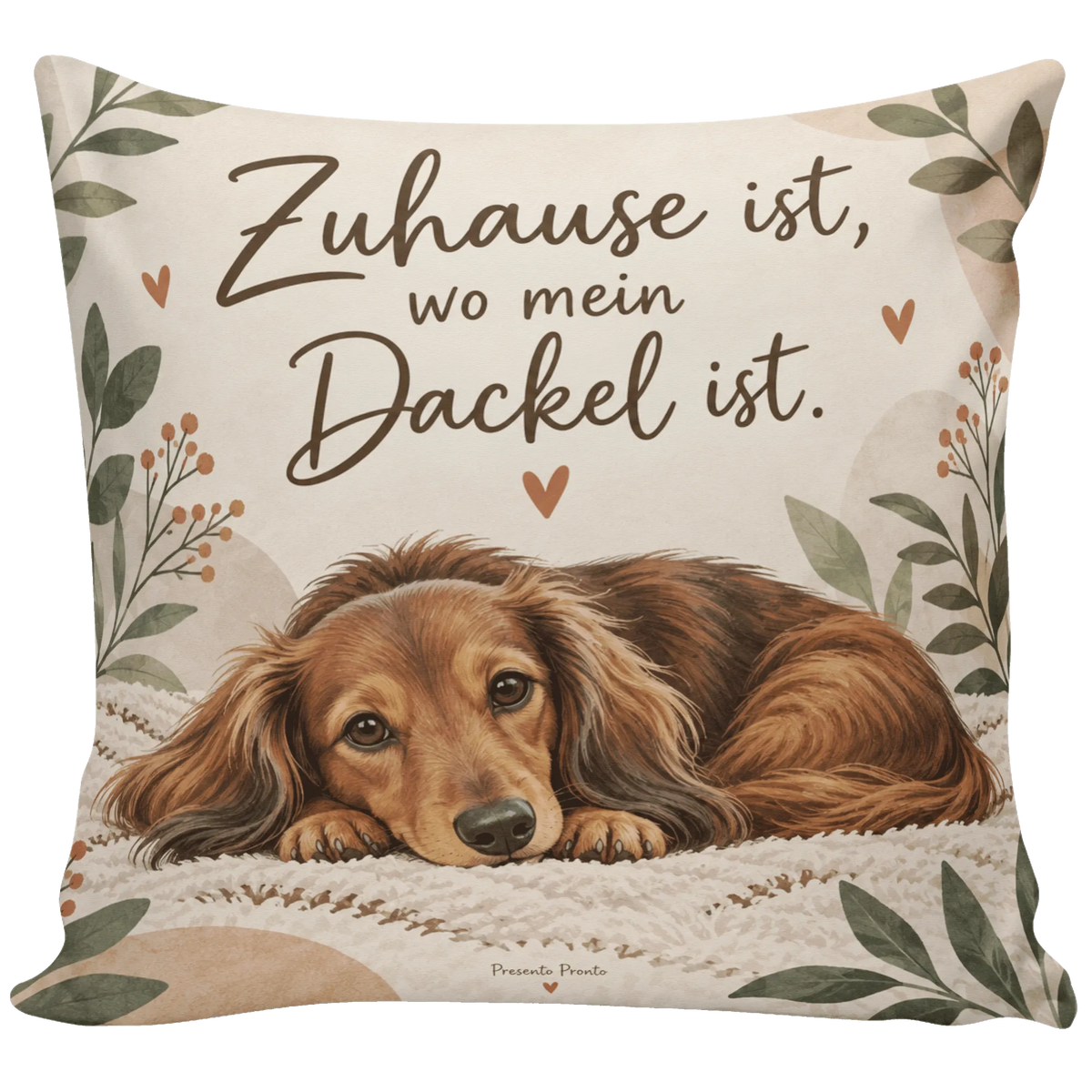 Gemütliches Dackelkissen für Dackelbesitzer mit braunem Langhaardackel|p:2014909|h:91f9b4e0acf85a899a8318ec060ba51f