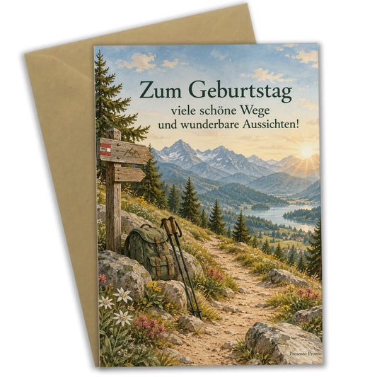 Herzliche Geburtstagskarte für Wanderer mit Berglandschaft|p:2014937|h:12cf24f0c3978da6c7123a0a4343add6