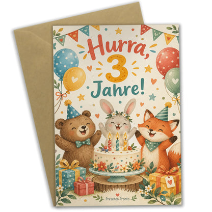 Süße Geburtstagskarte zum 3. Geburtstag mit Tieren und Torte|p:2014947|h:58383d1516c5b18b4a62402371103850