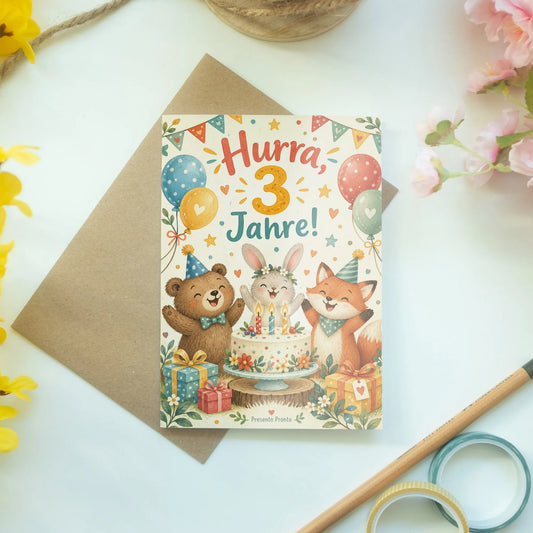 Süße Geburtstagskarte zum 3. Geburtstag mit Tieren und Torte|p:2014947|h:d6392cbb467e2c302cb3880f9ea5fe79