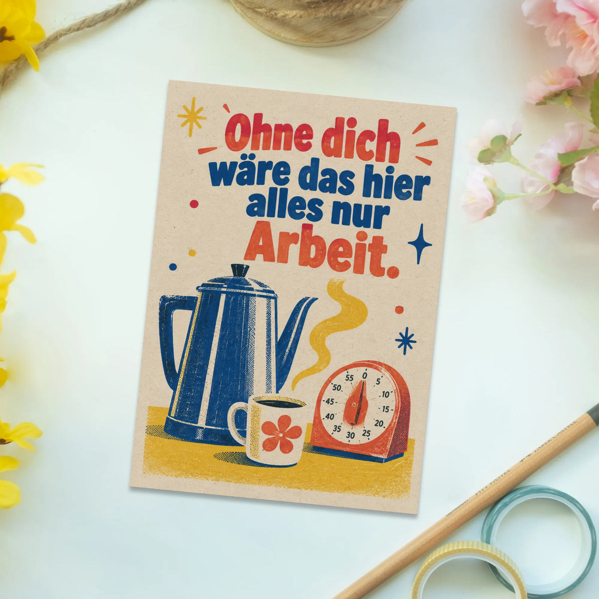 Lustige Kaffee Postkarte für Kollegen mit Kaffeekanne|p:2014952|h:82597b199459276006af388d489af4af