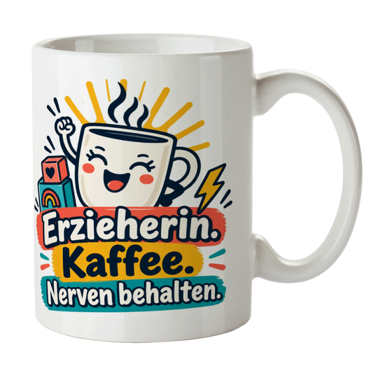 Lustige Tasse für Erzieherin mit fröhlicher Kaffeetasse|p:2014960|h:c8a1178e990df9db7b678751674ddb0b