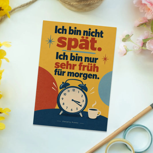 Lustige Postkarte für Zuspätkommer mit Retro-Uhr|p:2014961|h:723b520b9e4b3a8a9dad7cb5f974c3f4
