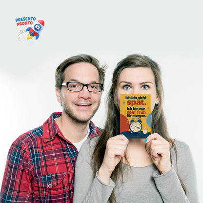 Lustige Postkarte für Zuspätkommer mit Retro-Uhr|p:2014961|h:f007a5d25e12768053f48c253e7234fb