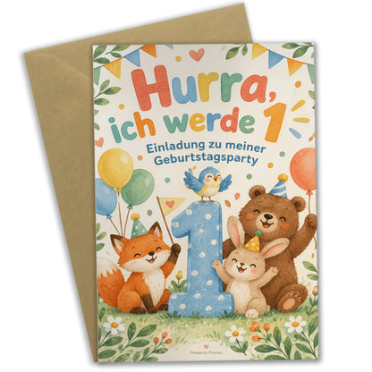 Fröhliche Einladungskarte zum 1. Geburtstag mit Fuchs|p:2014967|h:2d2df8ffd53530de4896aaa374c4f078