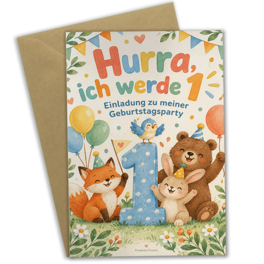 Fröhliche Einladungskarte zum 1. Geburtstag mit Fuchs|p:2014967|h:2d2df8ffd53530de4896aaa374c4f078
