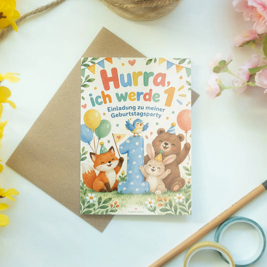 Fröhliche Einladungskarte zum 1. Geburtstag mit Fuchs|p:2014967|h:817b64d5656446b9e2afa66873bb9afd