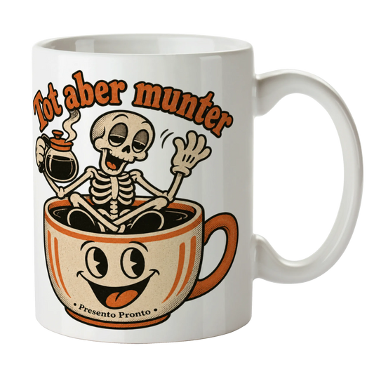 Lustige Tasse für Halloween mit müdem Skelett|p:2014978|h:ba826346cda39cdd2a3a011af18f1b14