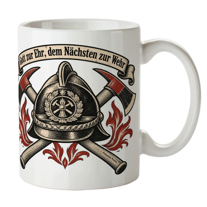 Stolze Tasse für die Feuerwehr mit Helm und Äxten|p:2014981|h:deacbf40dabd384a22660412670b7eaf