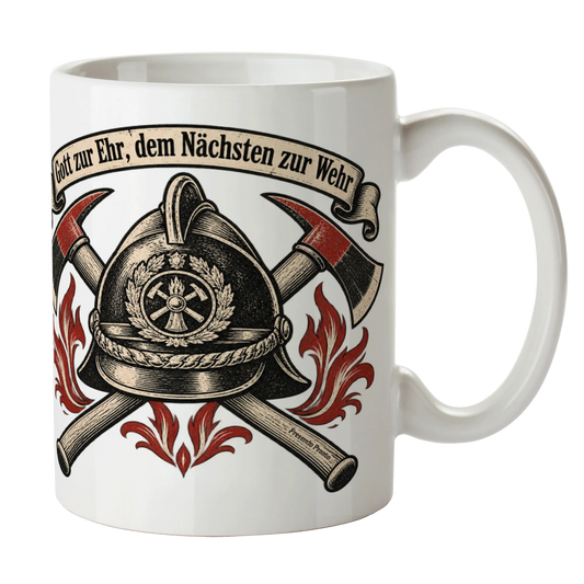 Stolze Tasse für die Feuerwehr mit Helm und Äxten|p:2014981|h:deacbf40dabd384a22660412670b7eaf