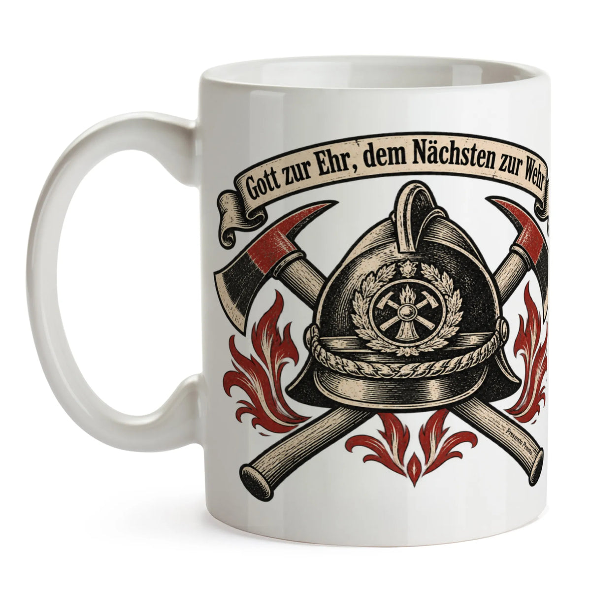 Stolze Tasse für die Feuerwehr mit Helm und Äxten|p:2014981|h:14f5dc9feb553093485f44fc997e9ace