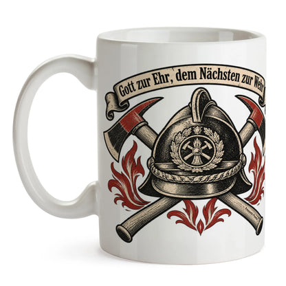 Stolze Tasse für die Feuerwehr mit Helm und Äxten|p:2014981|h:14f5dc9feb553093485f44fc997e9ace