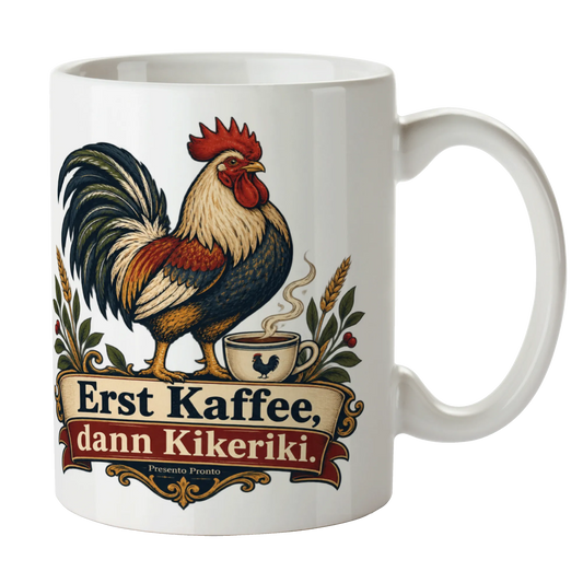Lustige Huhn-Tasse für Kaffeefans mit stolzem Hahn|p:2014990|h:333c57b26b05f2b980468322819f5ab8