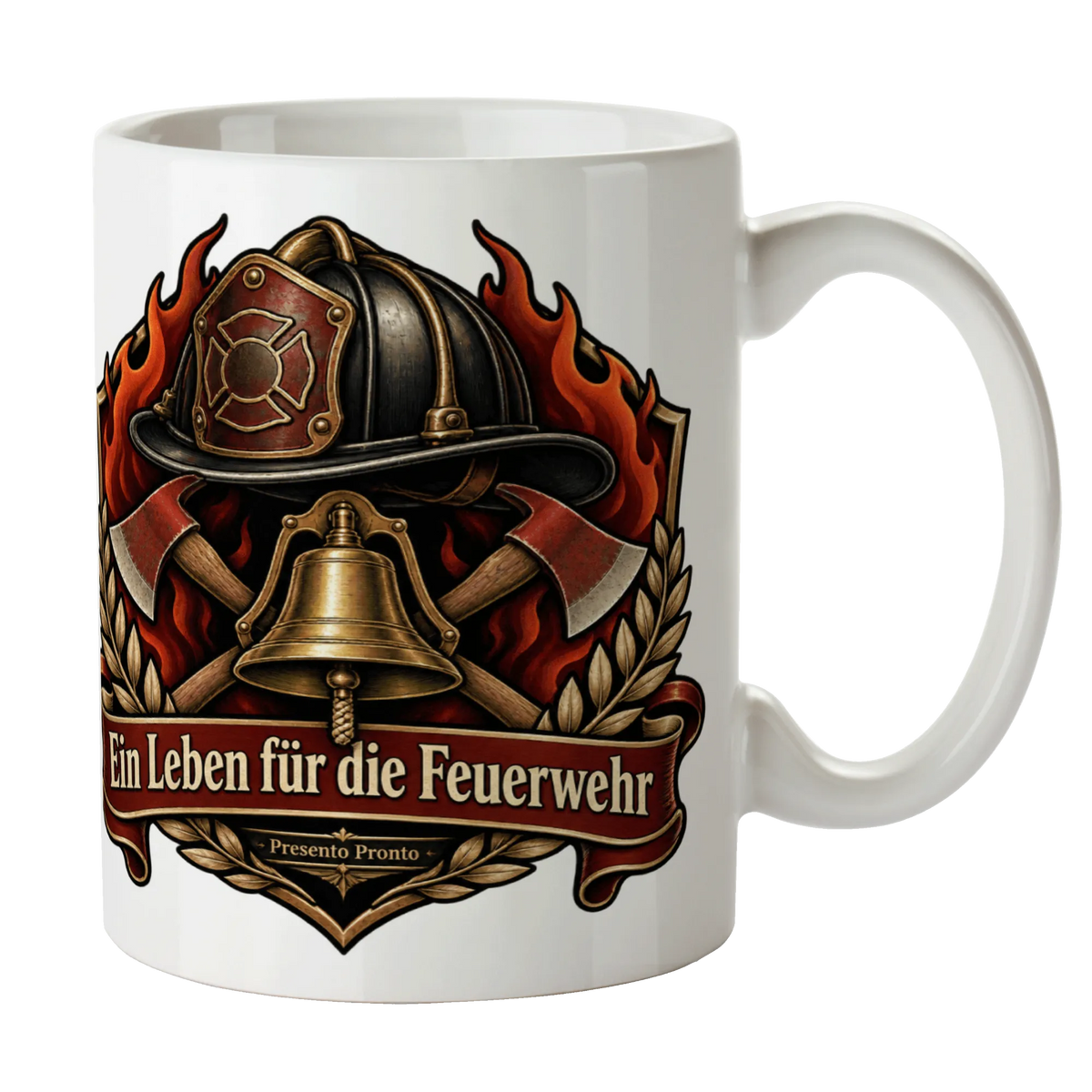 Stolze Tasse für Feuerwehrleute mit Helm und Flammenschild|p:2014996|h:f021d14a61c477260fbb98084aaa9e58