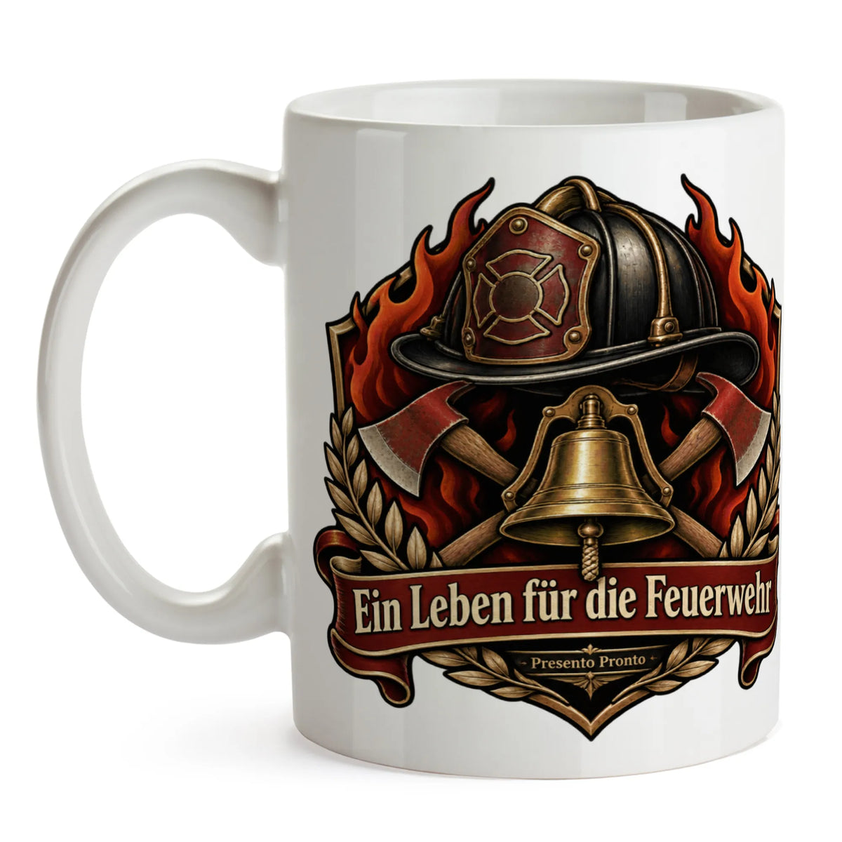 Stolze Tasse für Feuerwehrleute mit Helm und Flammenschild|p:2014996|h:2517723e259e2f5e57072d153f5926b3