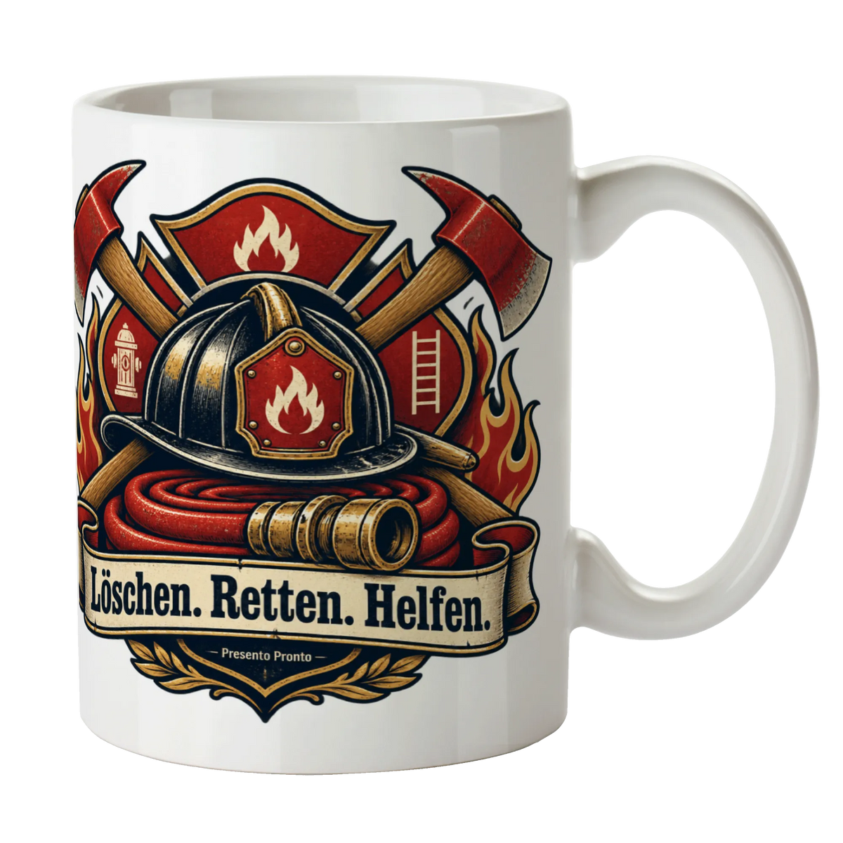 Stolze Tasse für Feuerwehrleute mit Helm und Äxten|p:2014998|h:43fde1c55a07e7bac8519cdf02fb4569