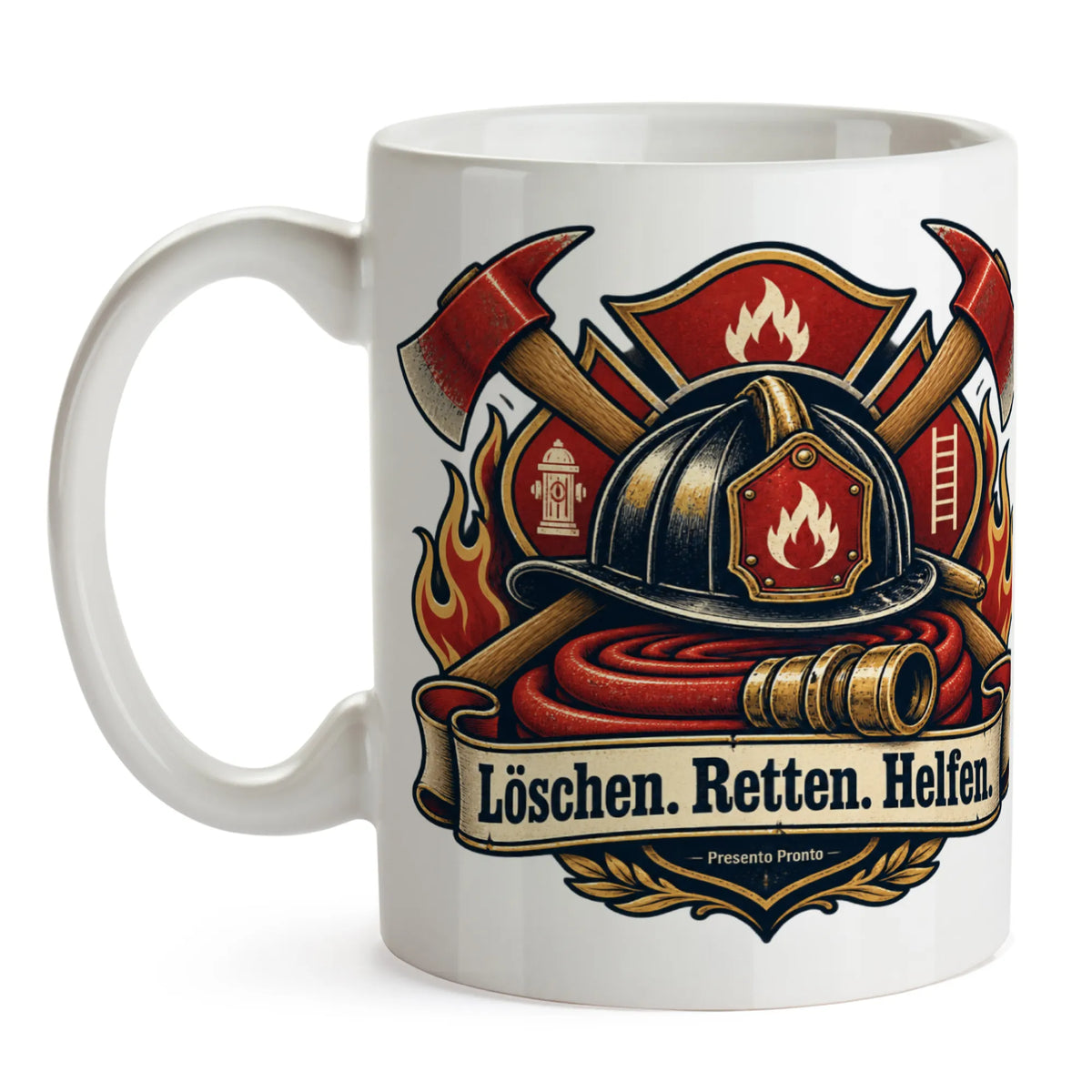 Stolze Tasse für Feuerwehrleute mit Helm und Äxten|p:2014998|h:19ef5fe2d2fb172c2f37bd798d306b30