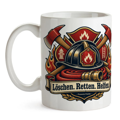 Stolze Tasse für Feuerwehrleute mit Helm und Äxten|p:2014998|h:19ef5fe2d2fb172c2f37bd798d306b30