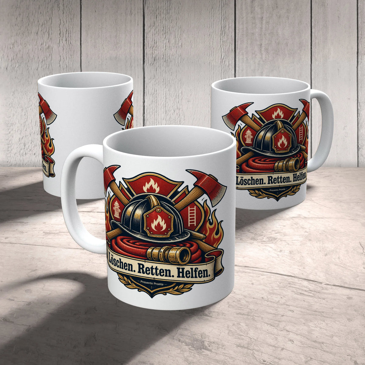Stolze Tasse für Feuerwehrleute mit Helm und Äxten|p:2014998|h:de0da022a9f322940e80506191a4ef07