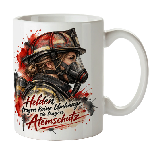 Stolze Tasse für die Feuerwehr mit Feuerwehrfrau in Schutzausrüstung|p:2015015|h:4f6ccb1987eba97ea5c3d97f4b605740